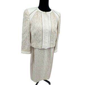 Basler Womens Beige Jacket Dress Set Large Cotton Blend Gold Tweed Animal Print